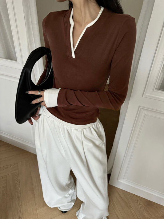 2 in 1 V-Neck Contrast Trim Jersey Top