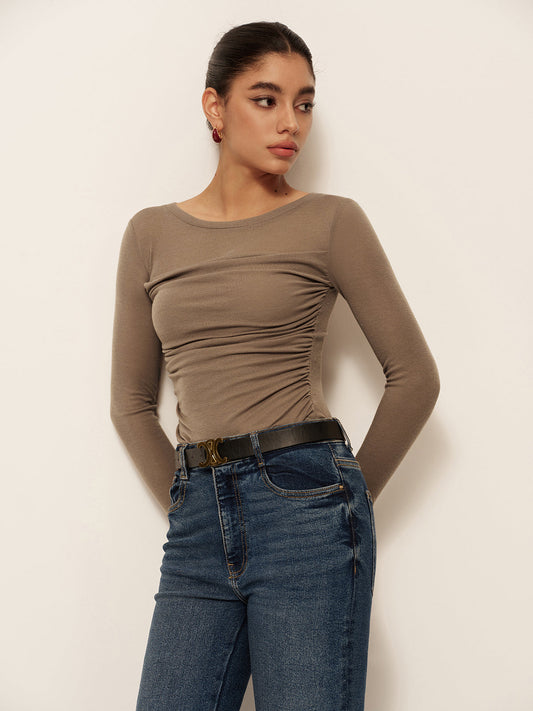 Semi-Sheer Long Sleeve Pleated Slim Panel T-Shirt