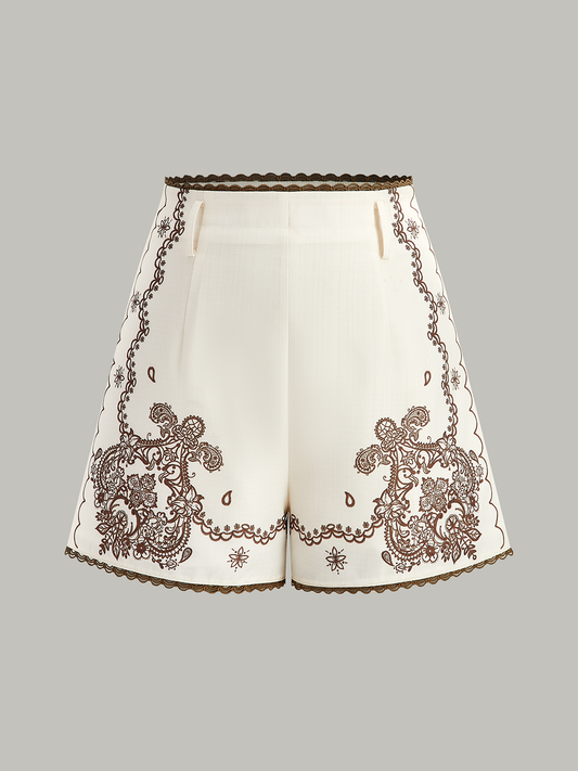 Floral Printed Suit Shorts with Lace Trims and Belt